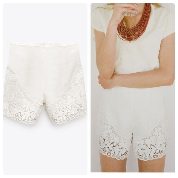 Zara 100% LINEN COMBINATION GUIPURE LACE SHORTS